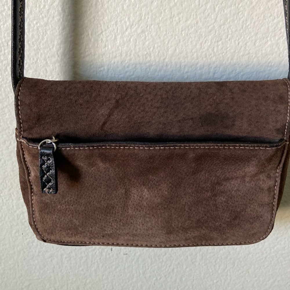 Vintage Chocolate Brown Suede Leather & Manmade Trim Crossbody Bag